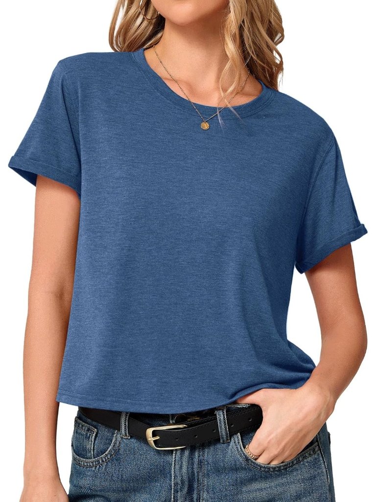 Women's Navy Summer Short Sleeve Crewneck Crop Casual And Flowy Style T Shirt